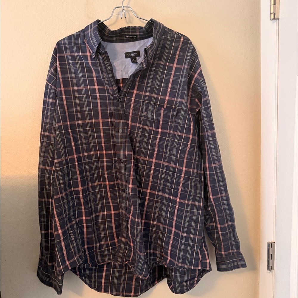 Van Heusen Navy and Pink Plaid Long Sleeve Shirt